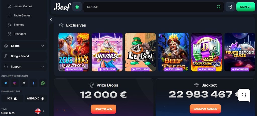 Beef Casino offer page, shared code shown at registration